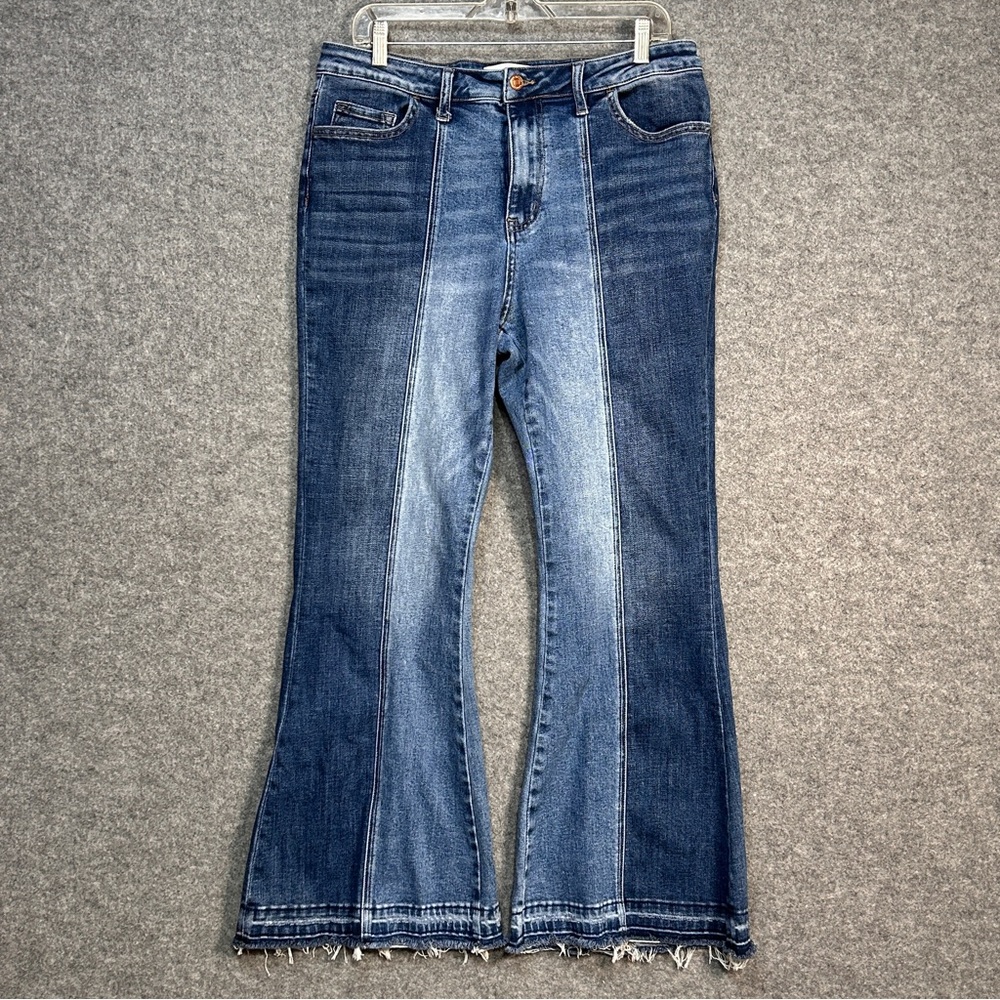 Flying Monkey Women’s 32 High Rise Two-Tone Flare Jeans Frayed Boho Hippie Y2K